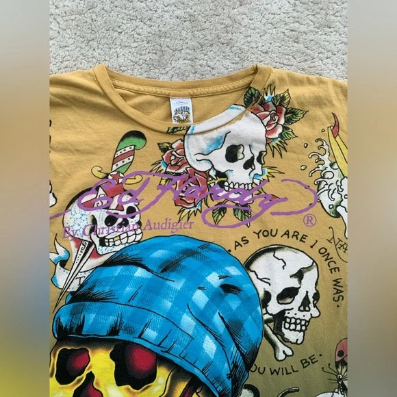 Vintage Y2K Ed Hardy Christian Audigier Men’s Size Extra Large XL AOP Skull Tee - Picture 5 of 9